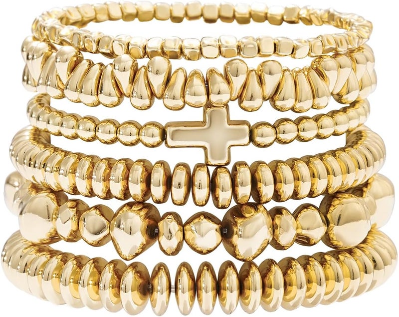 GOOJIDS Surfer Heishi Clay Bead Bracelets for Women Bohemian Stackable Gold Plated Beaded Stretch Bracelets Elastic Layering Friendship Bracelets Set Boho Jewelry - Image 1